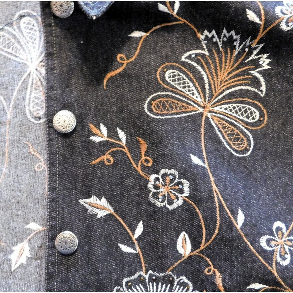 New Direction Embroidered Denim Jacket Large Black Floral Beaded Metal Buttons - Picture 5 of 11